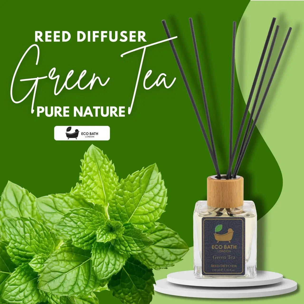 Green Tea Reed Diffuser - Refreshing Room Fragrance with Notes of Bergamot and Green Tea, 100ml (3.38 Fl.Oz) Eco Bath London
