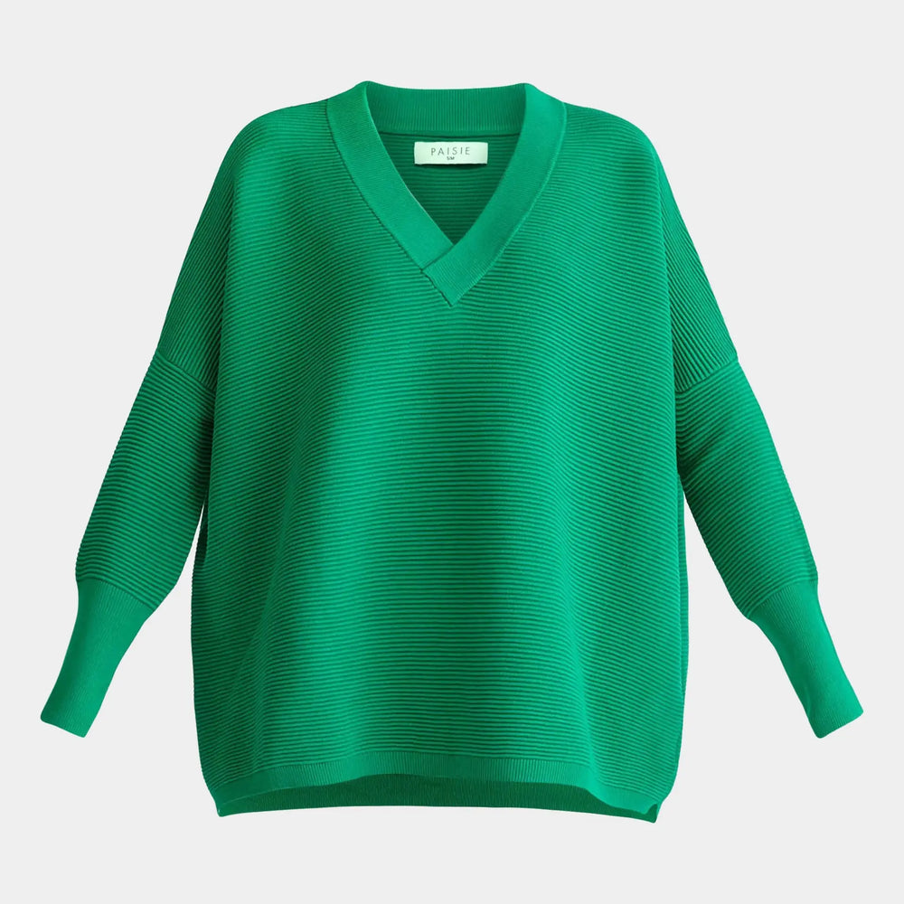 Green V-Neck Ribbed Jumper Paisie