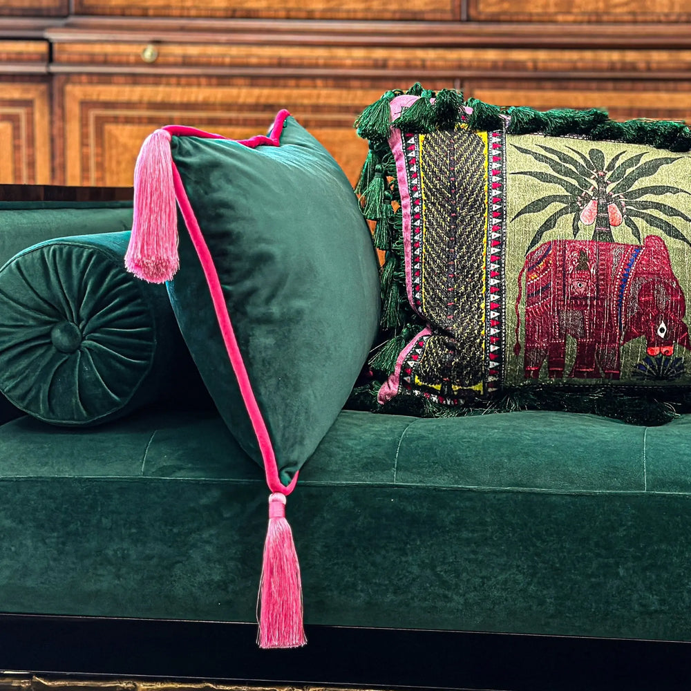 Green Velvet Rectangular Cushion With Pink Tassels Bivain