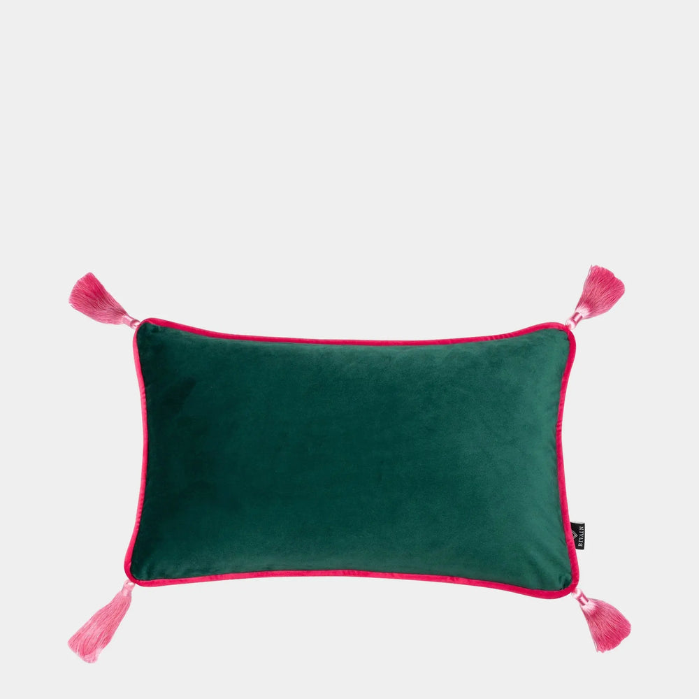 Green Velvet Rectangular Cushion With Pink Tassels Bivain
