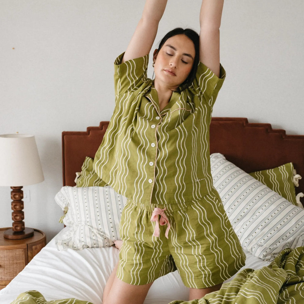 Green Wave Stripe Cotton Pyjamas TartanBlanketCo