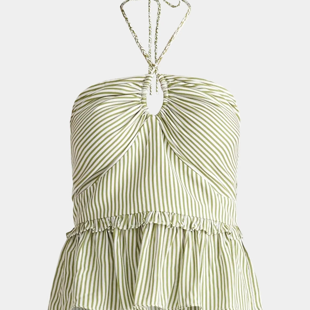 Green and White Halterneck Peplum Top Paisie