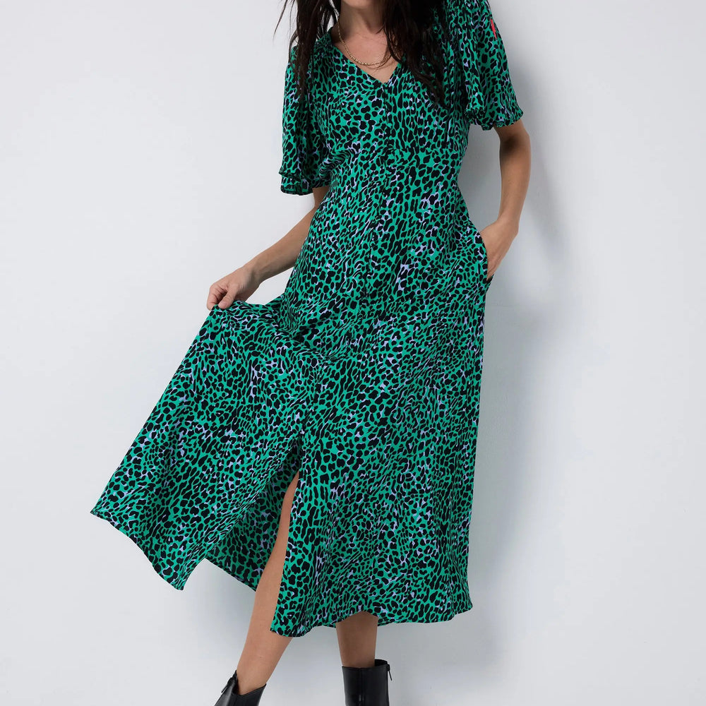 Green with Black Leopard Angel Sleeve Midi Tea Dress Scamp & Dude