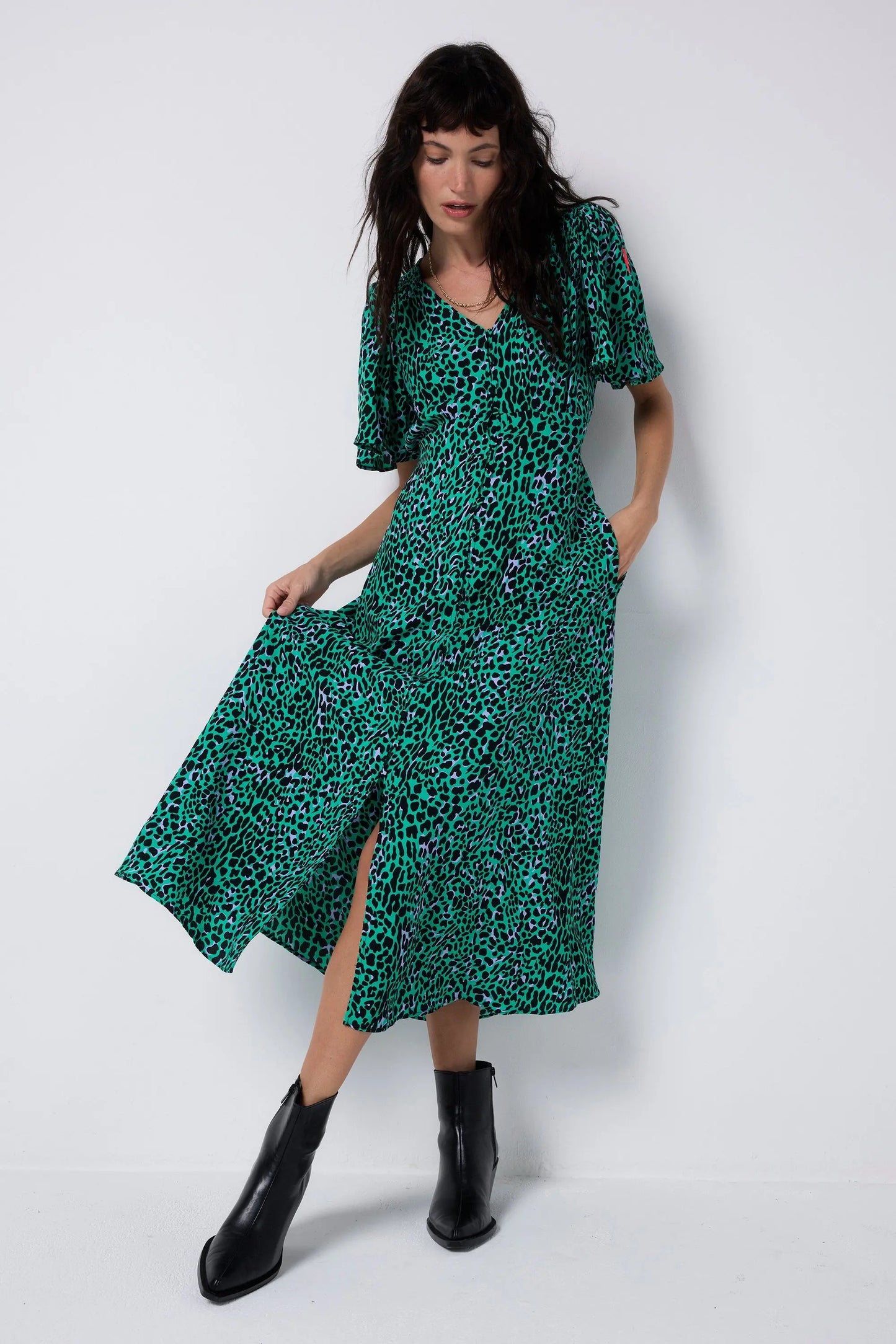 Green with Black Leopard Angel Sleeve Midi Tea Dress Scamp & Dude