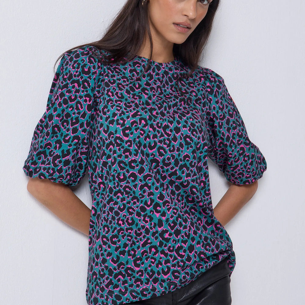Green with Pink and Black Shadow Leopard Puff Sleeve T-Shirt Scamp & Dude