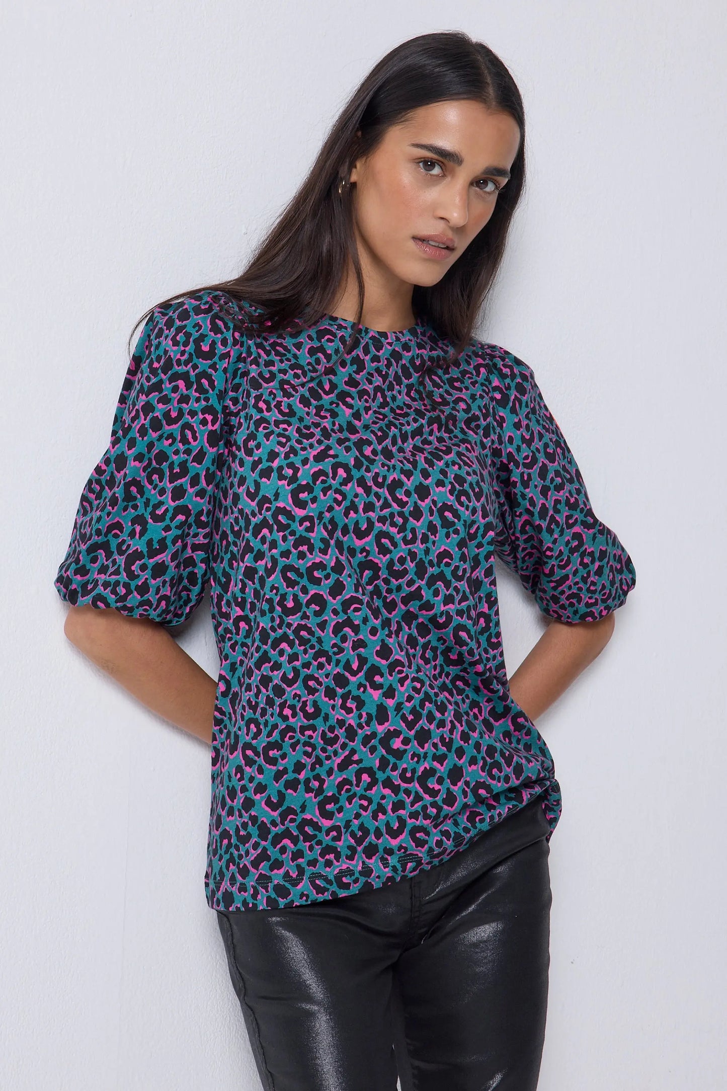 Green with Pink and Black Shadow Leopard Puff Sleeve T-Shirt Scamp & Dude