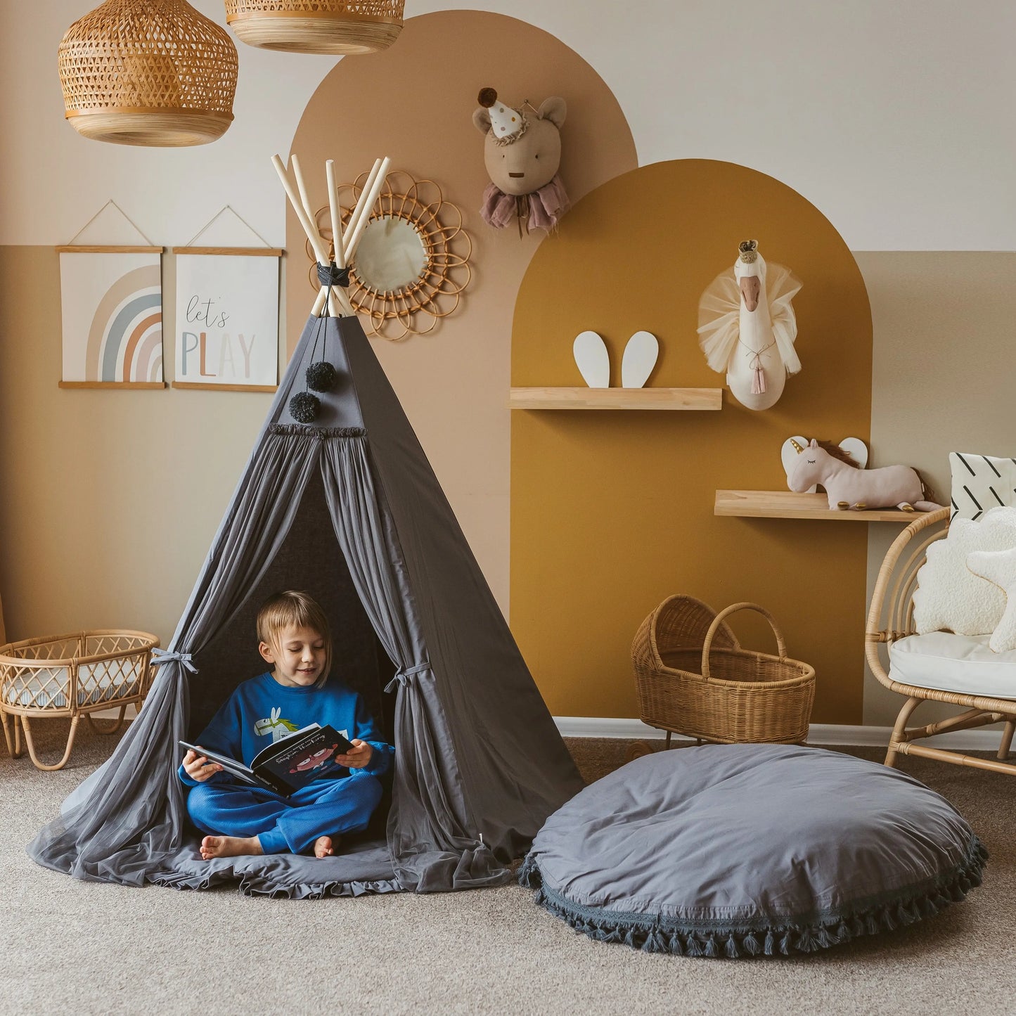 Grey Large Floor Cushion with Tassels MINICAMP