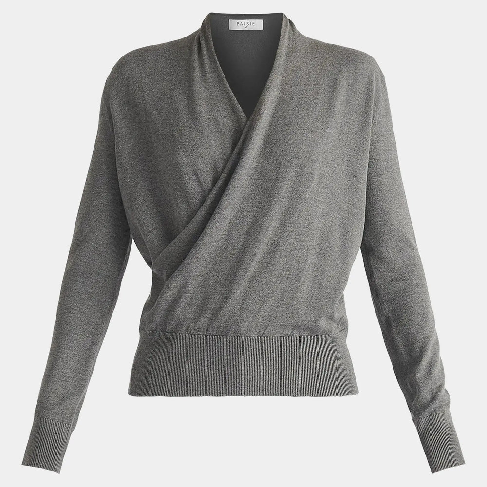Grey Long Sleeve Knitted Wrap Top Paisie