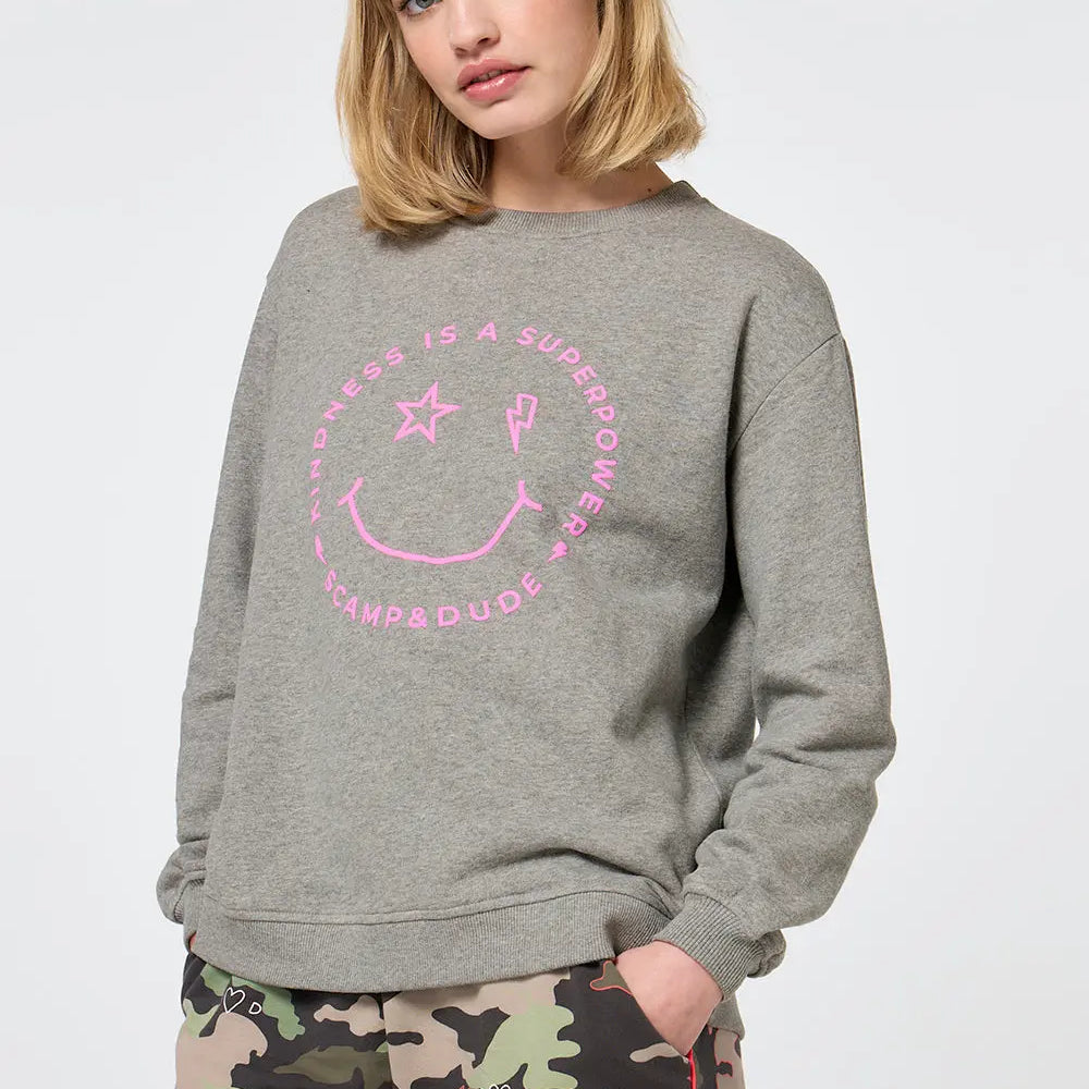 Grey Marl Smiley Face Oversized Sweatshirt Scamp & Dude