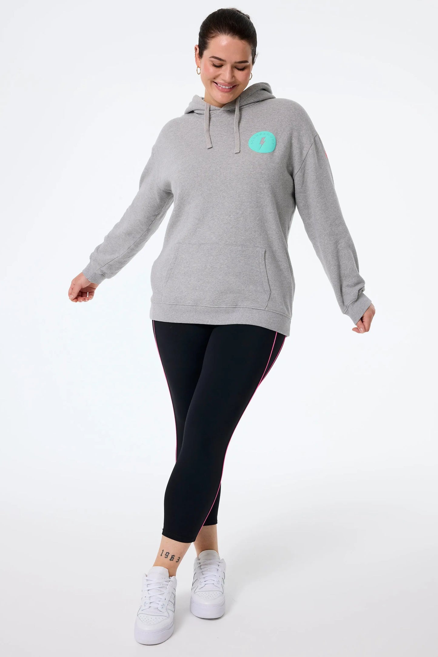 Grey Marl with Turquoise Smiley Face Women's Longline Hoodie Scamp & Dude