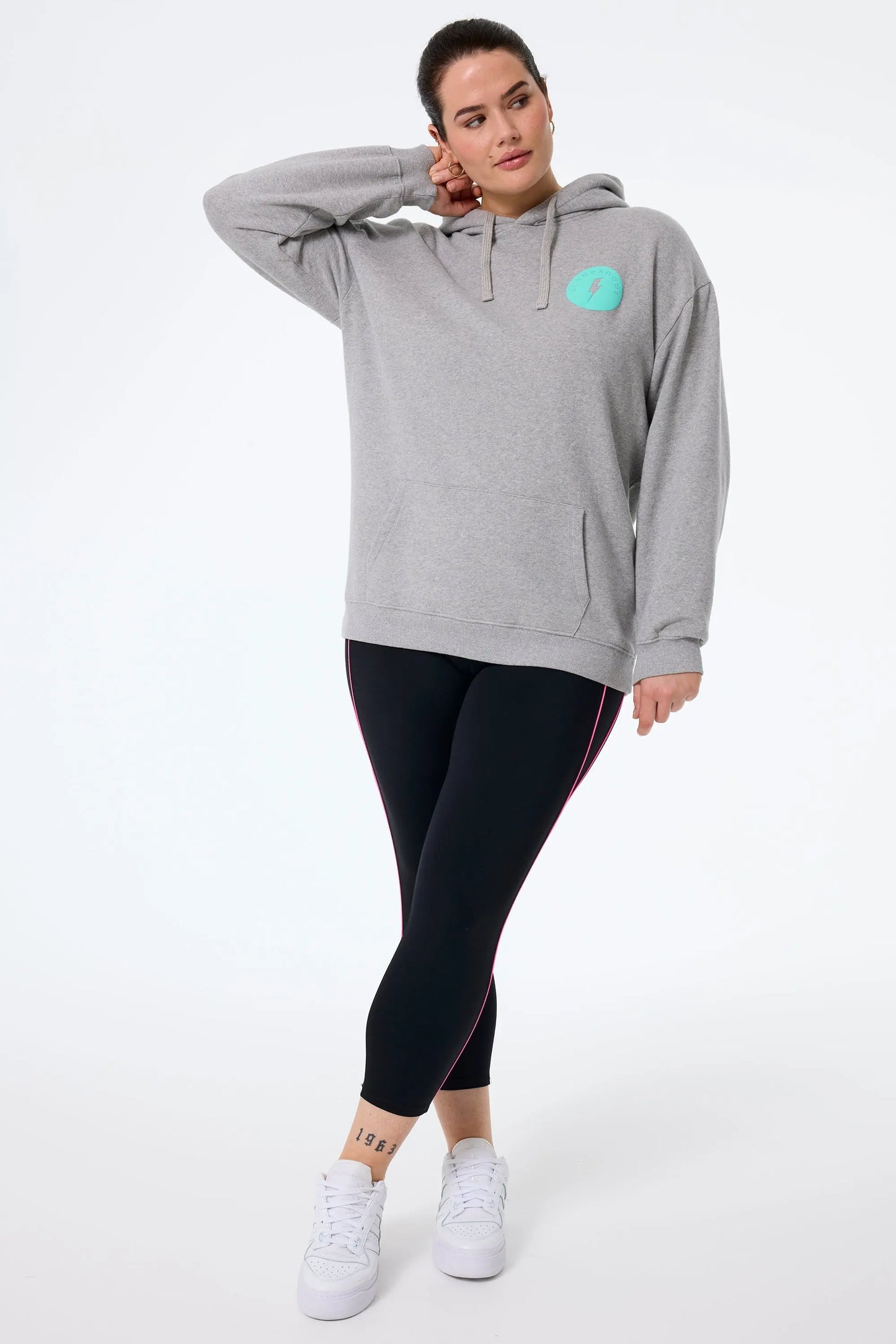 Grey Marl with Turquoise Smiley Face Women's Longline Hoodie Scamp & Dude