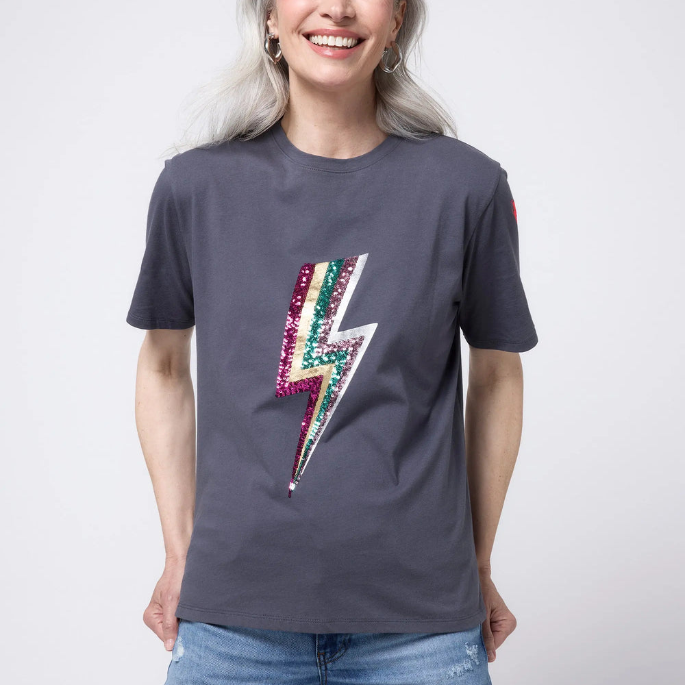 Grey with Multi Coloured Sequin and Foil Lightning Bolt T-Shirt Scamp & Dude