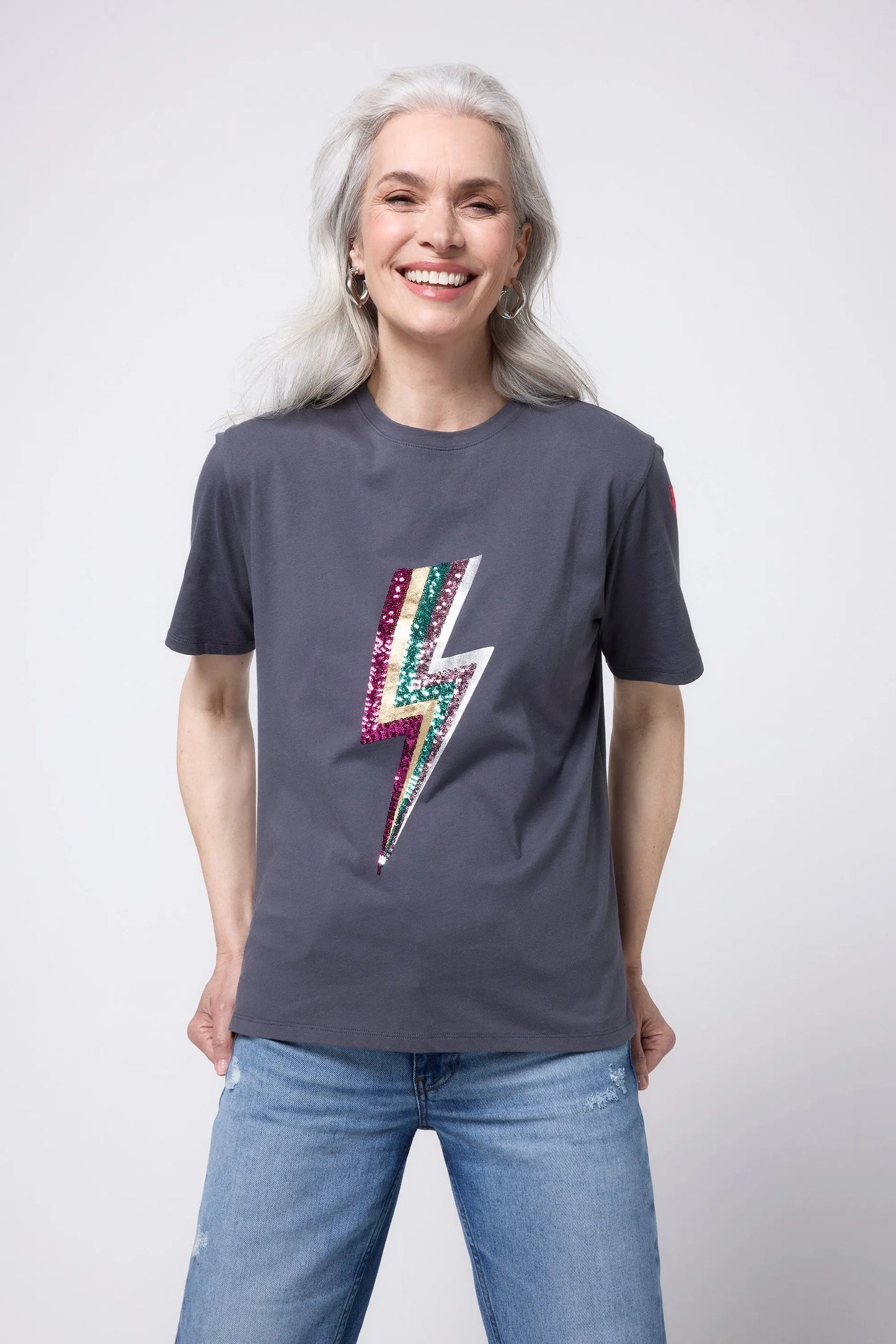 Grey with Multi Coloured Sequin and Foil Lightning Bolt T-Shirt Scamp & Dude