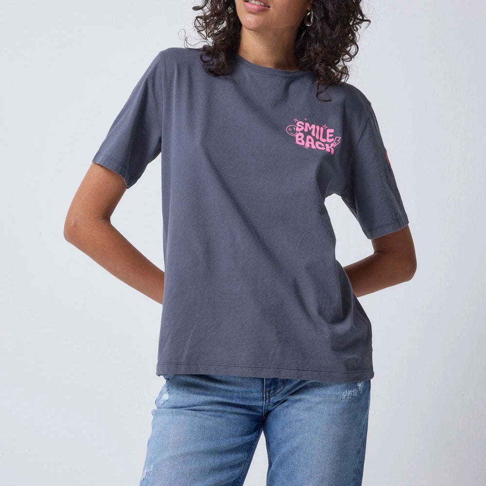 Grey with Neon Pink Smile Back Slogan T-Shirt Scamp & Dude