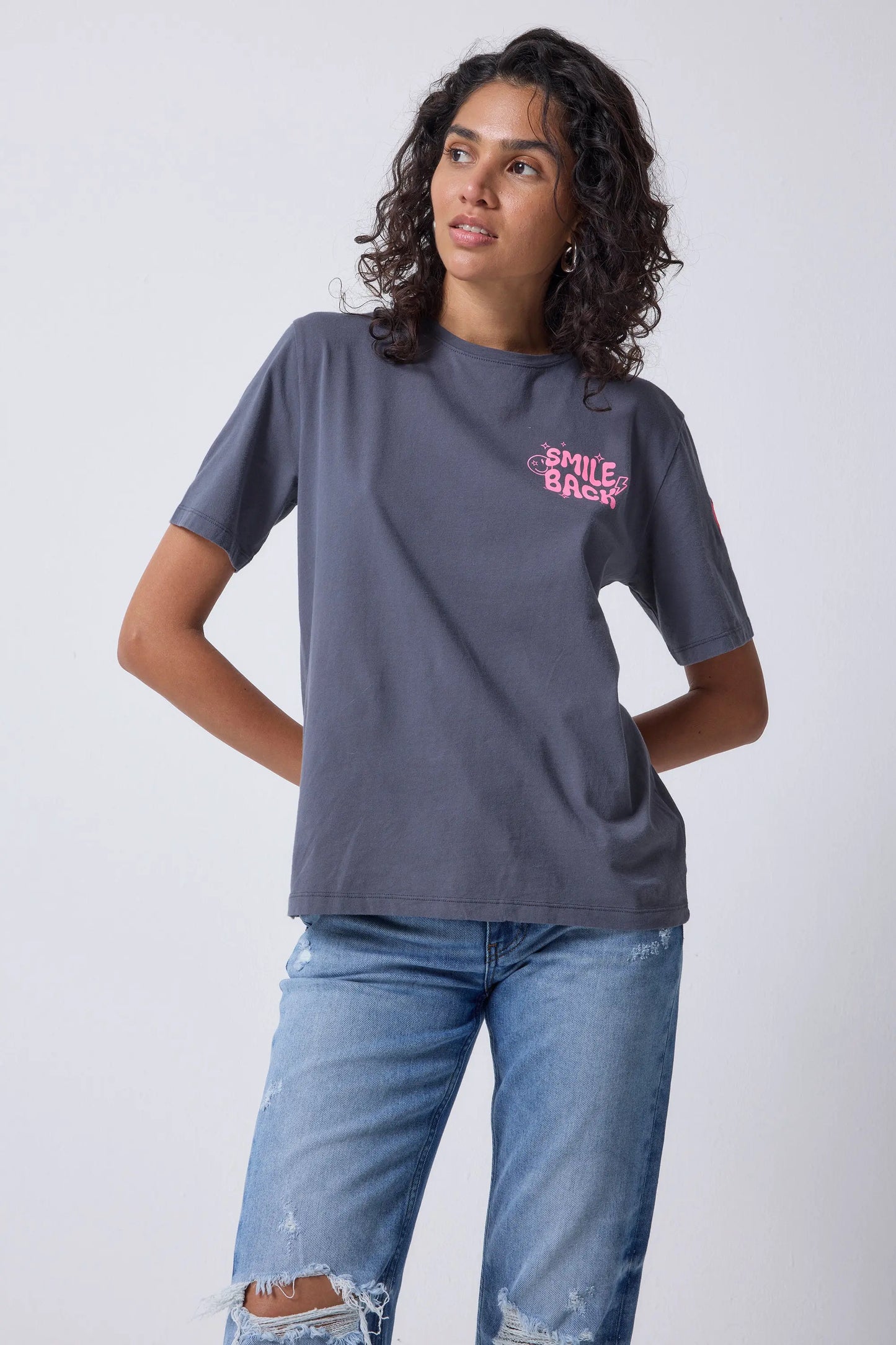 Grey with Neon Pink Smile Back Slogan T-Shirt Scamp & Dude