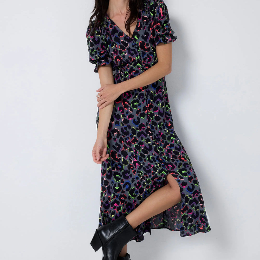 Grey with Rainbow Shadow Leopard Flute Sleeve Midi Tea Dress Scamp & Dude