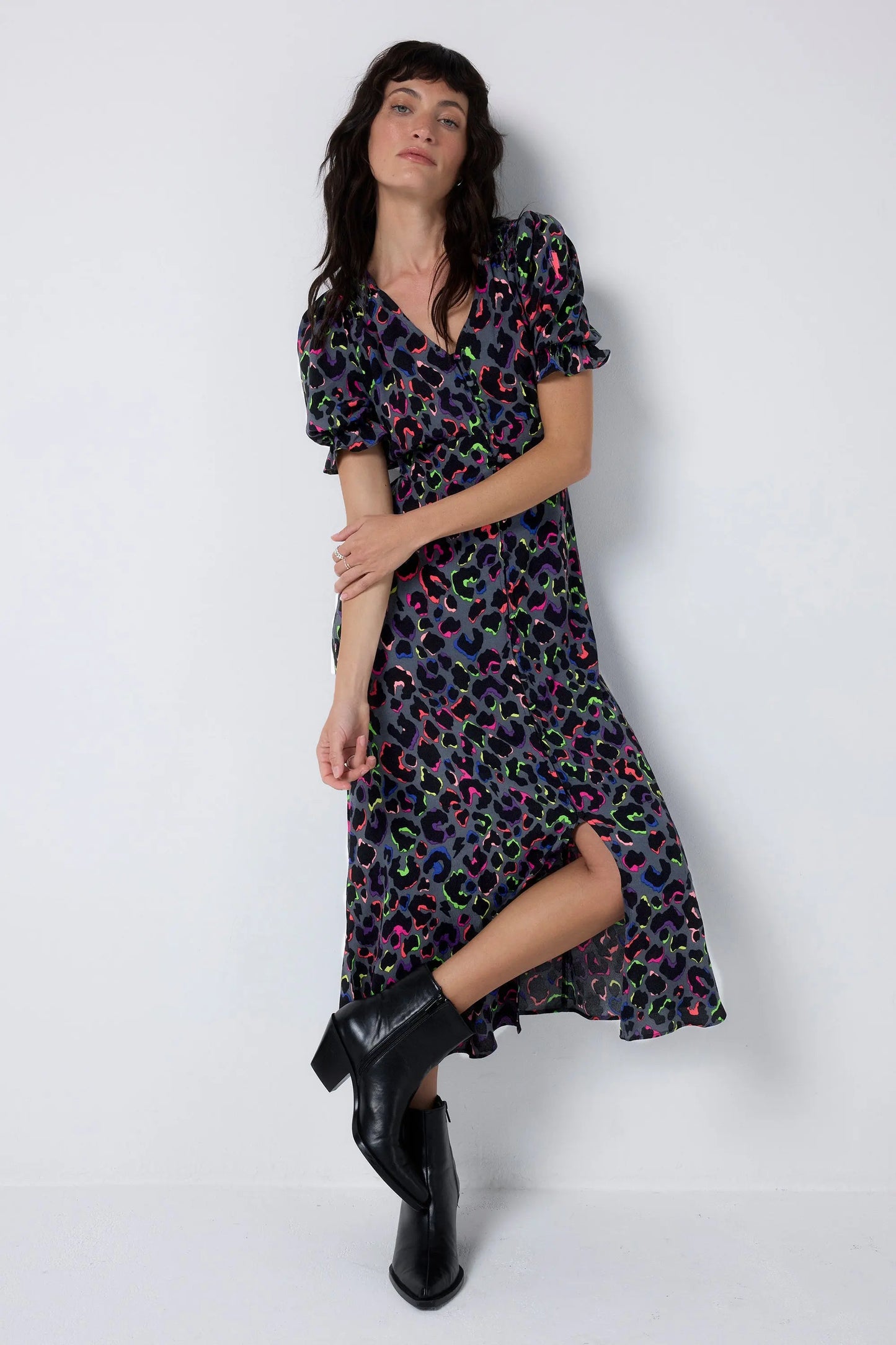 Grey with Rainbow Shadow Leopard Flute Sleeve Midi Tea Dress Scamp & Dude