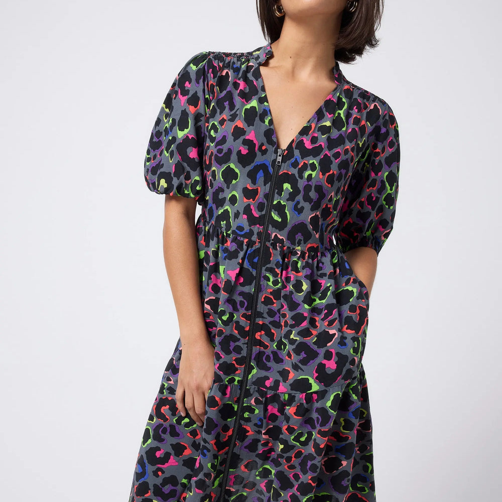 Grey with Rainbow Shadow Leopard Zip Detail Tiered Short Dress Scamp & Dude