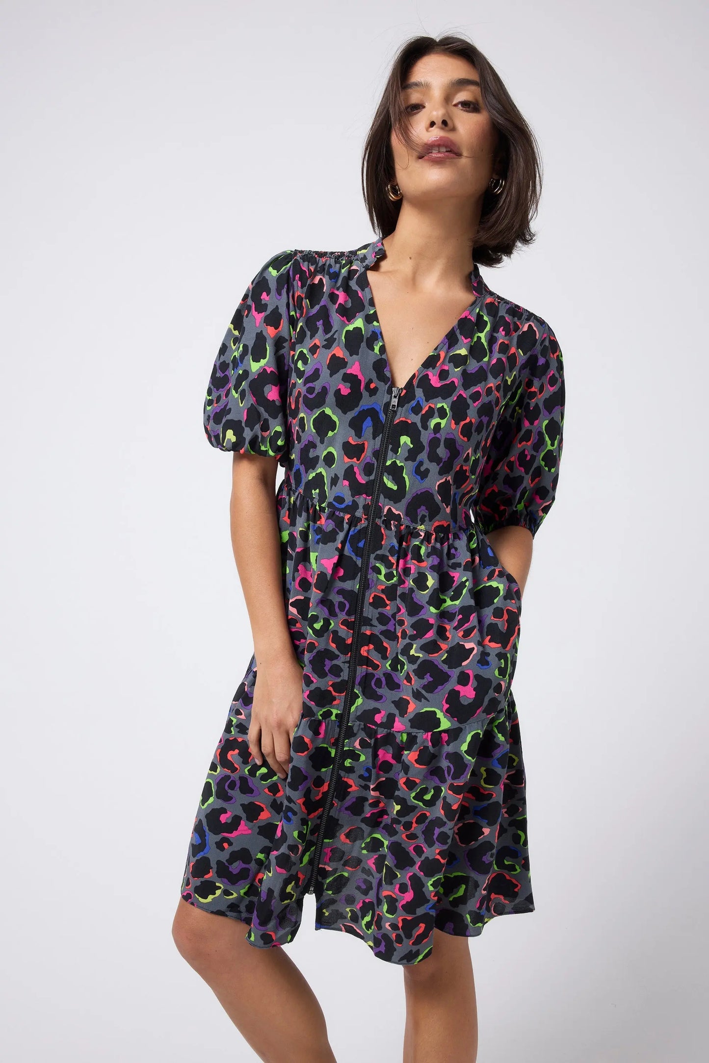 Grey with Rainbow Shadow Leopard Zip Detail Tiered Short Dress Scamp & Dude