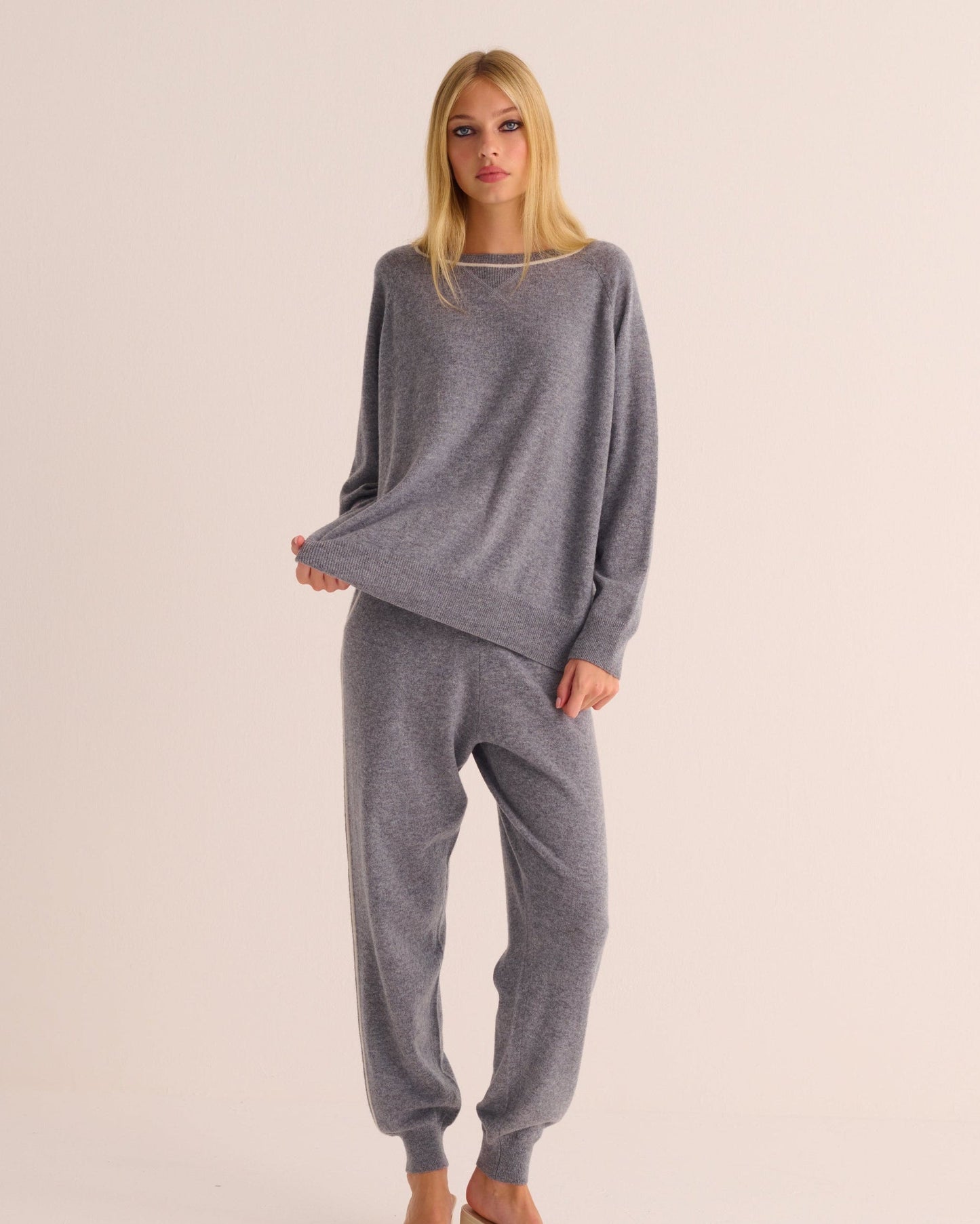 Silver Grey Cashmere Cuffed Ankle Joggers with Ivory Contrast MAMU Dream
