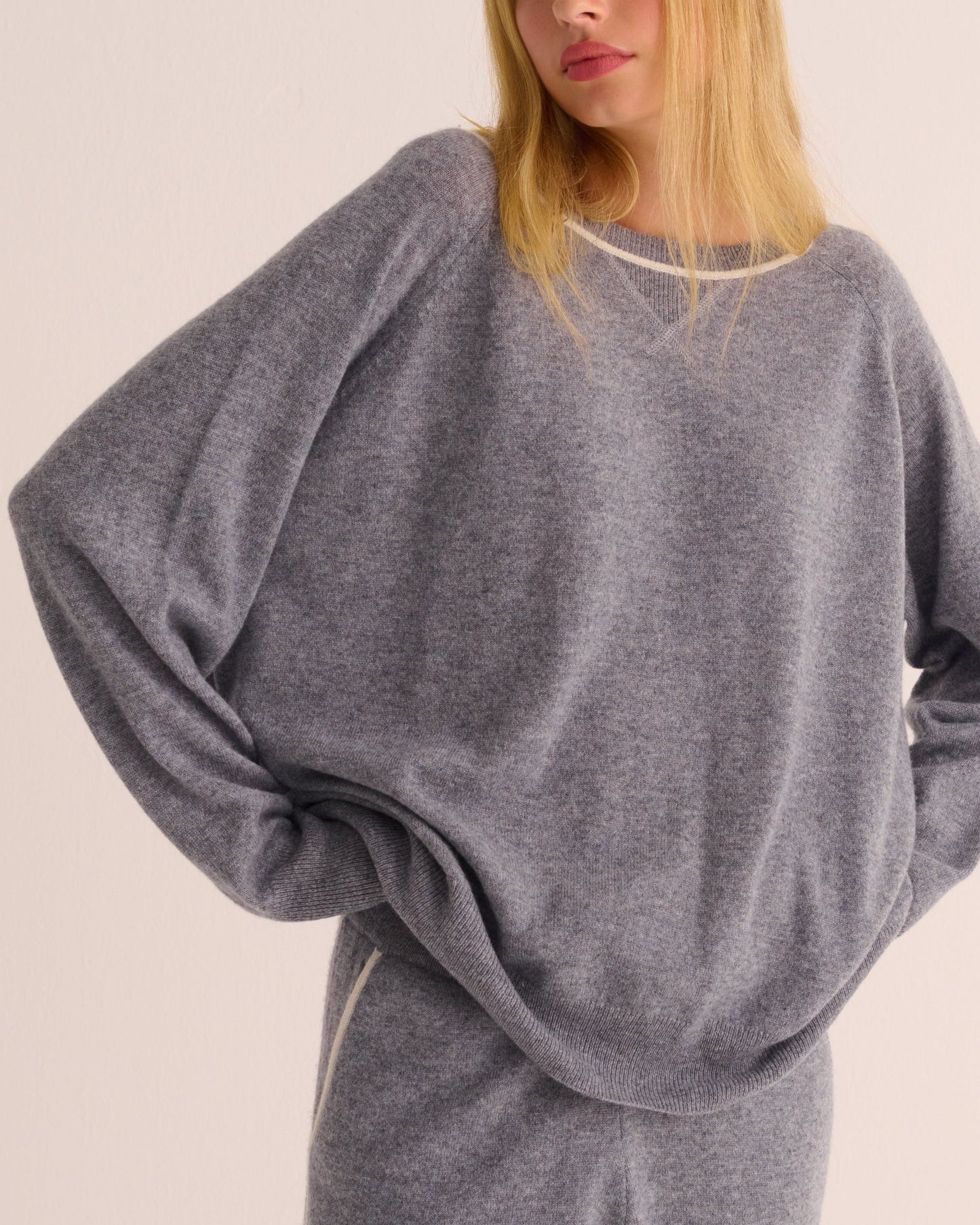 Silver Grey Marl Cashmere and Silk Sweatshirt with Ivory Contrast MAMU Dream