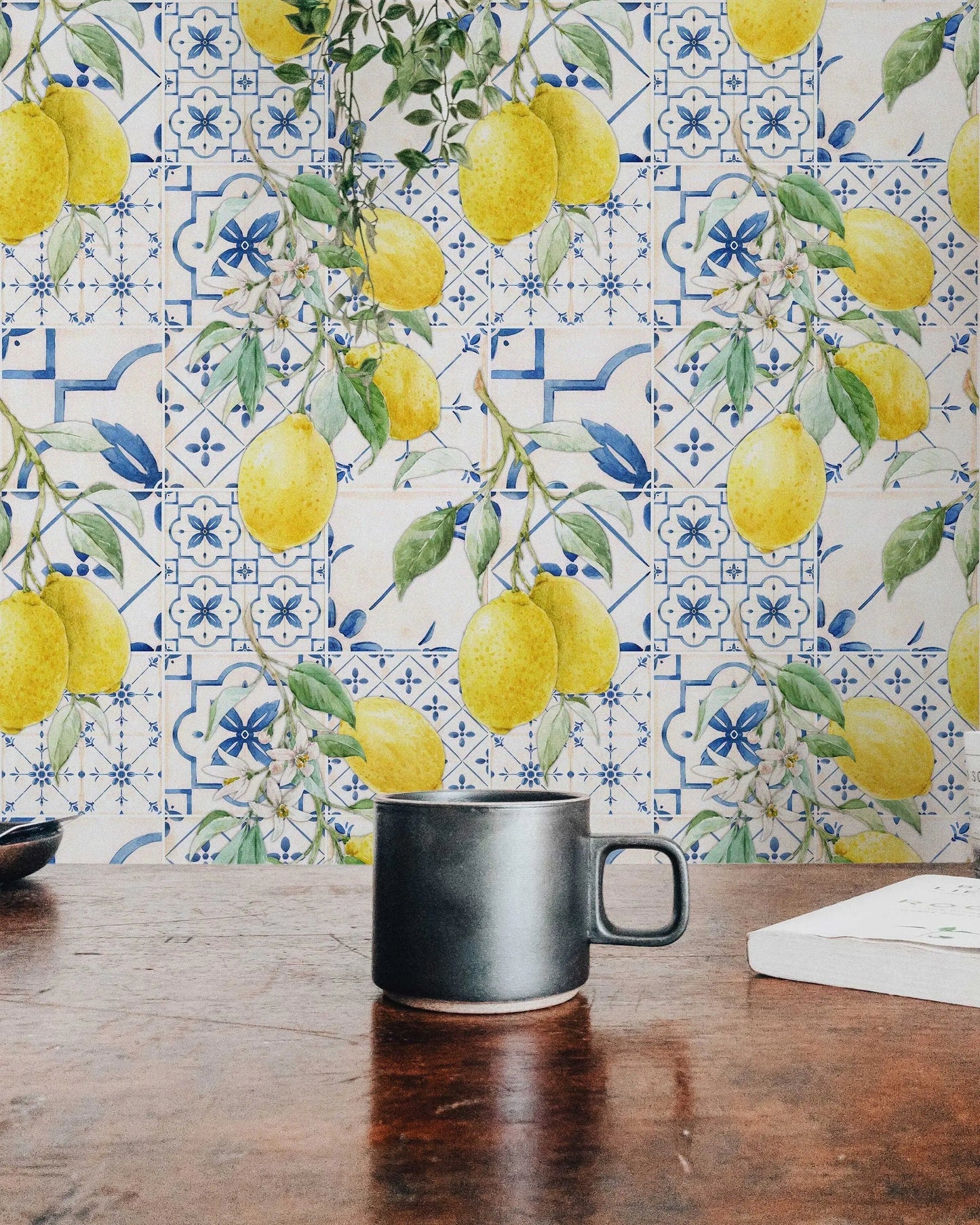 Hand-Drawn Watercolor Lemons and Blue Sicilian Style Tiles Removable Wallpaper | Self-Adhesive Wall Mural for a Temporary Feature Wall Décor ClickWalls