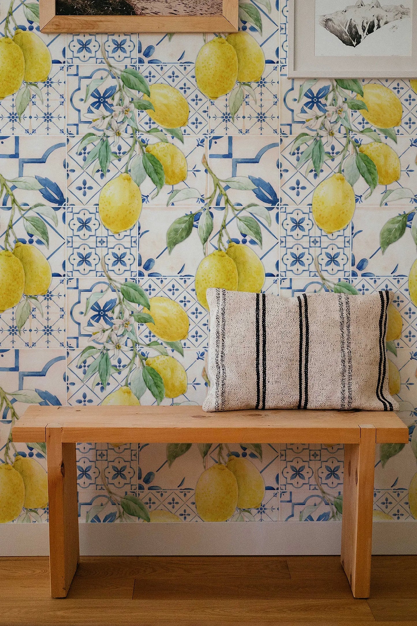Hand-Drawn Watercolor Lemons and Blue Sicilian Style Tiles Removable Wallpaper | Self-Adhesive Wall Mural for a Temporary Feature Wall Décor ClickWalls
