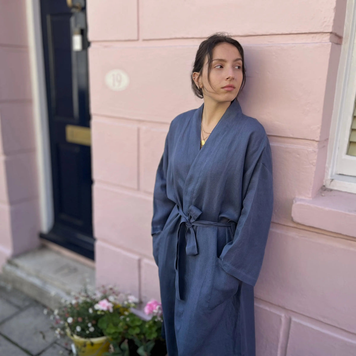 Hanover Ink Linen Kimono Robe Dormitory