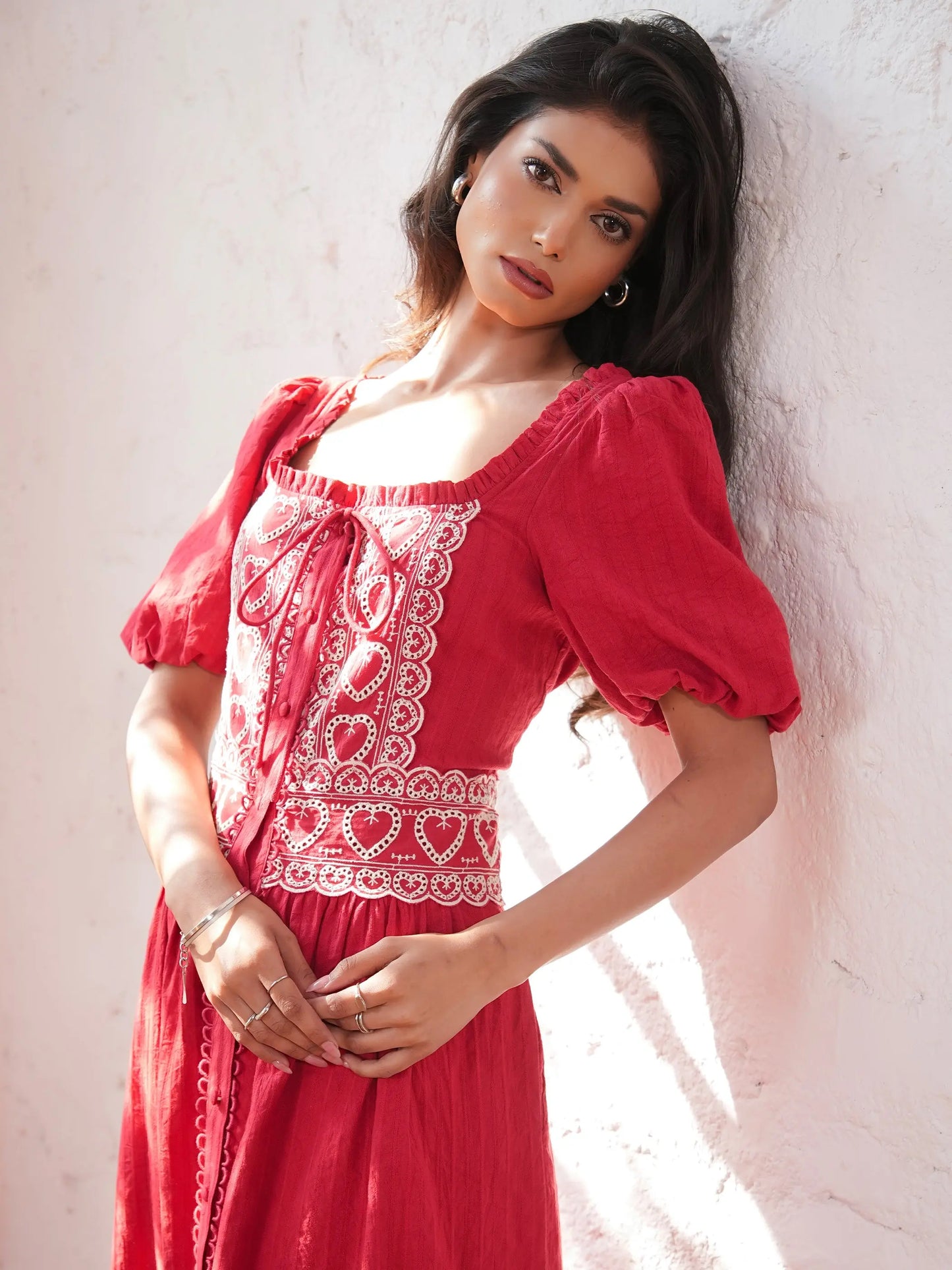 Harri Red And White Cotton Heart Embroidery Short Sleeve Maxi Dress Rose & Nancy