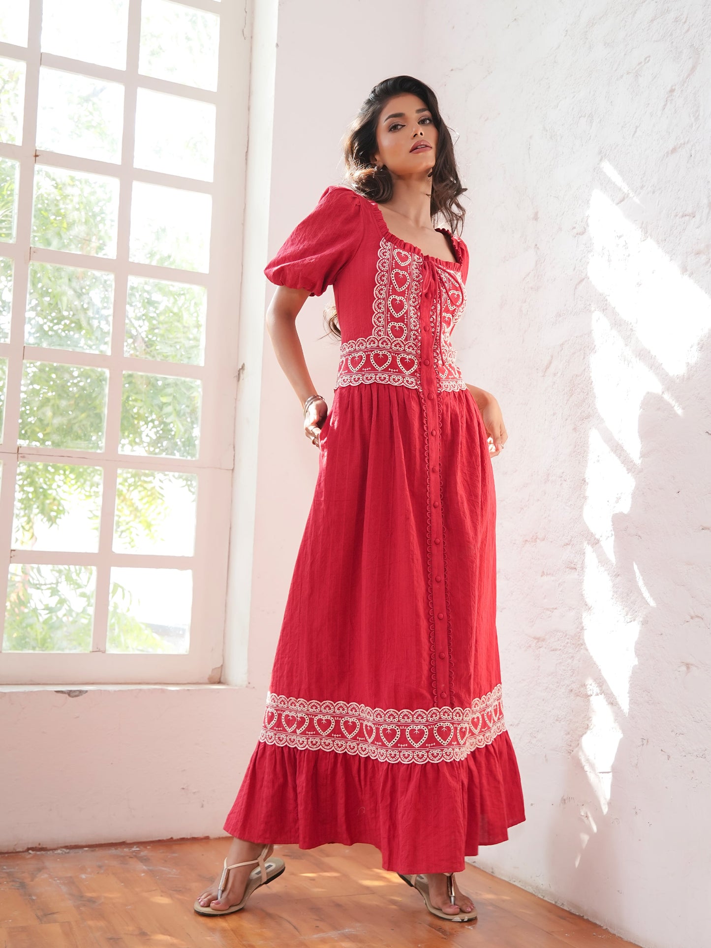 Harri Red And White Cotton Heart Embroidery Short Sleeve Maxi Dress Rose & Nancy