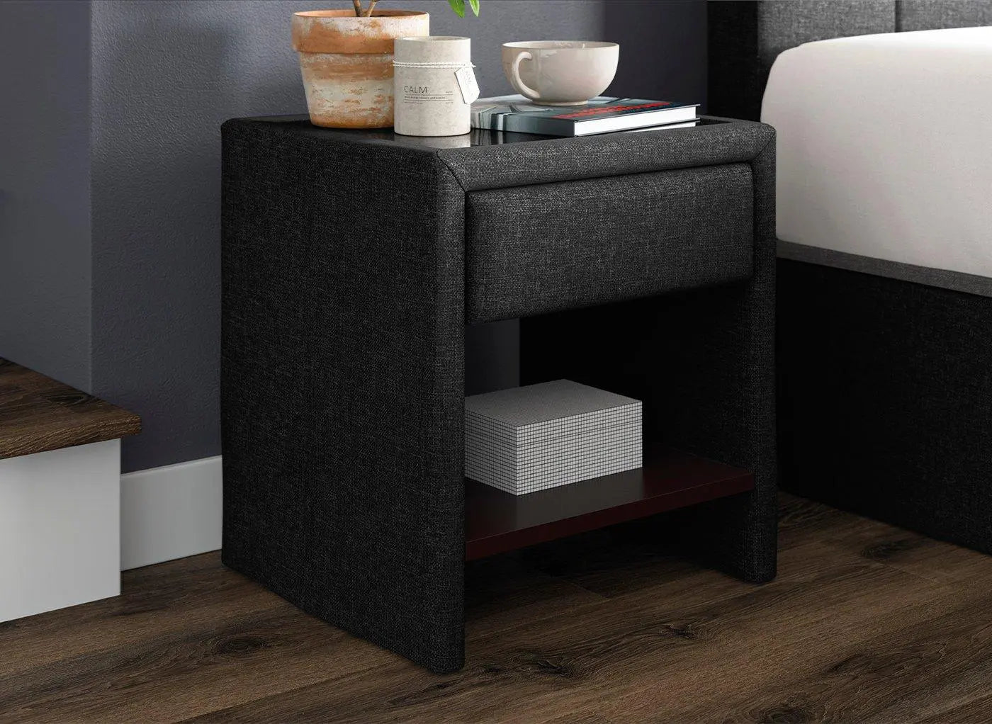 Harrow 1 Drawer Upholstered USB Charging Bedside Table - Grey Dreams