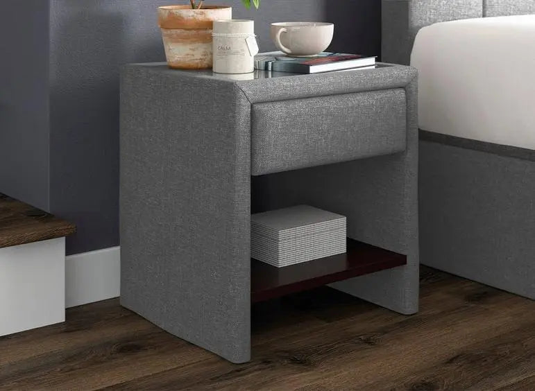 Harrow 1 Drawer Upholstered USB Charging Bedside Table - Silver Dreams