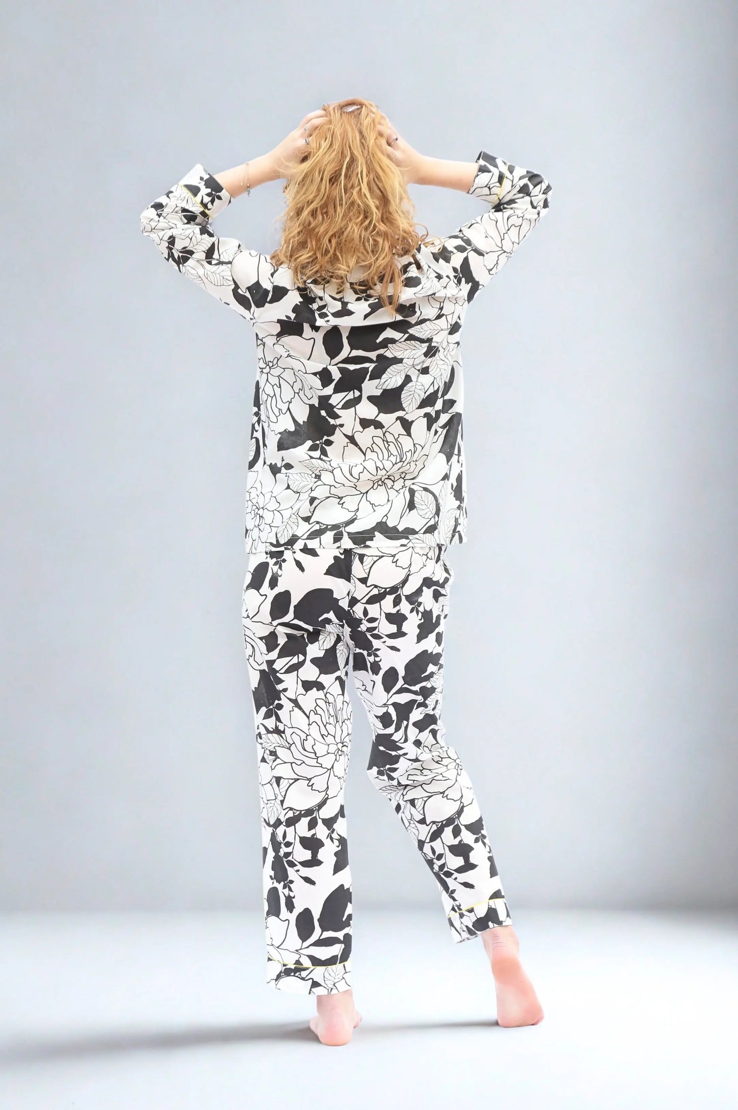 Havana Long Sleeve Organic Cotton Pyjama Set, Black & White Floral Print AMOKA DALO