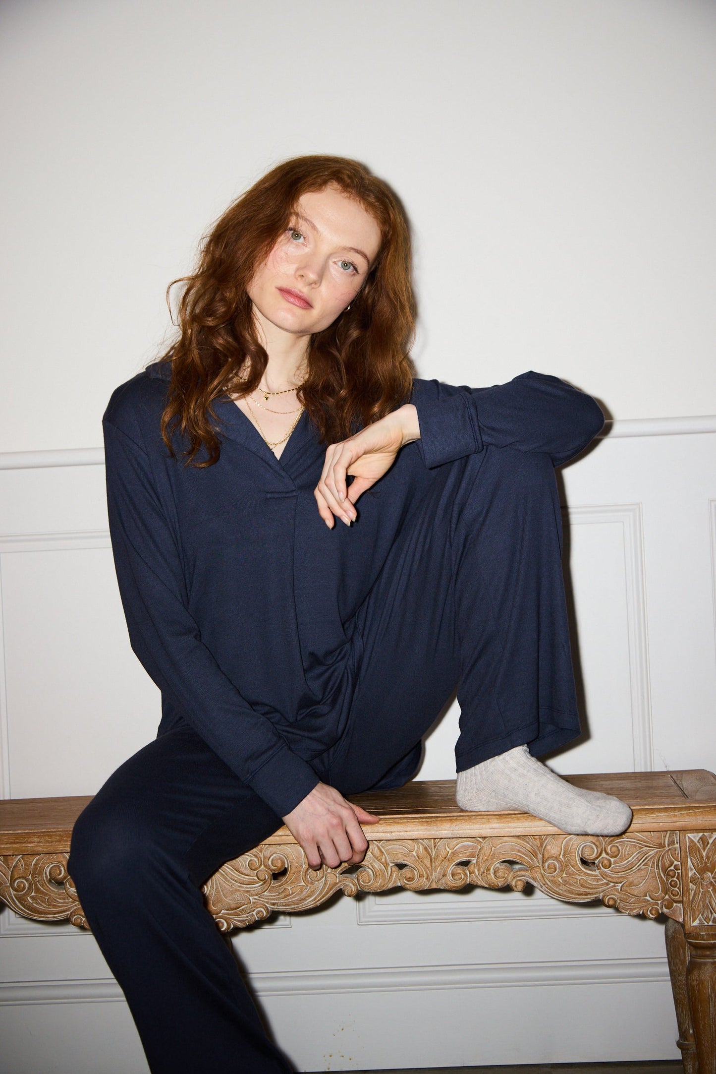 Navy Oversized Retro Ribbed Soft Modal Hero Shirt and Wide Leg Jogger Set MAMU Dream