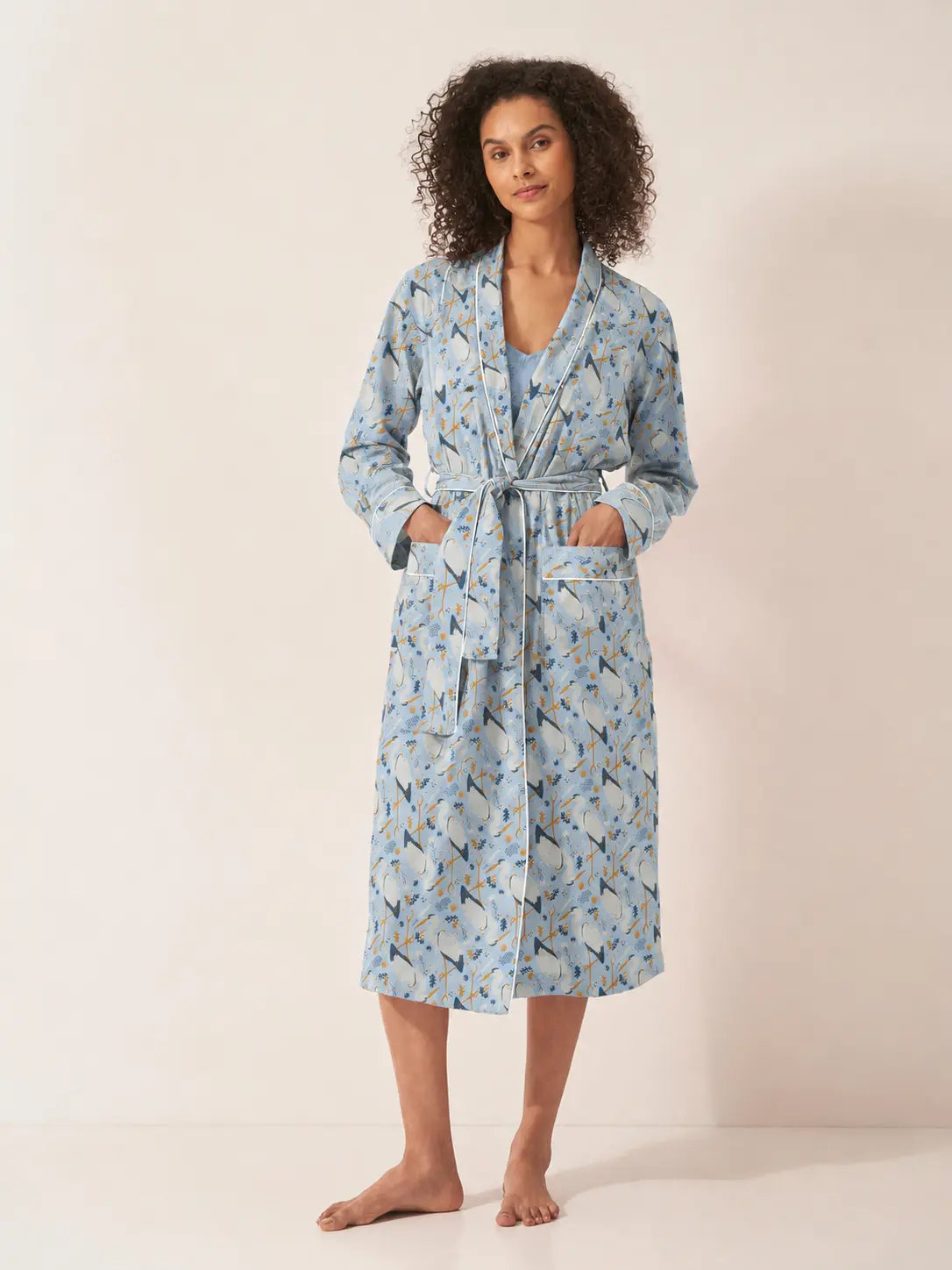 Herons on Blue Cotton Robe Myza