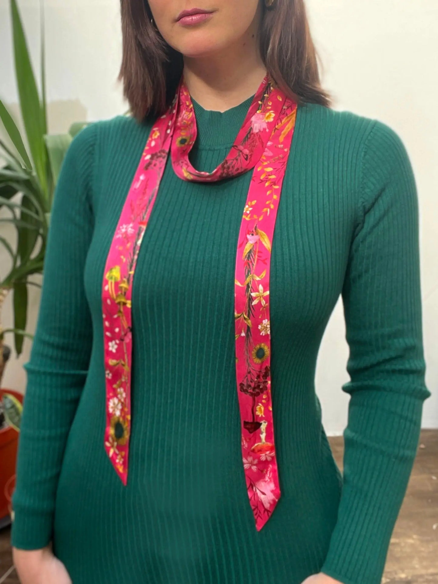 Hot pink Silk satin 'Mirasol' Ultra Skinny silk scarf with sunflowers Alice Acreman Silks