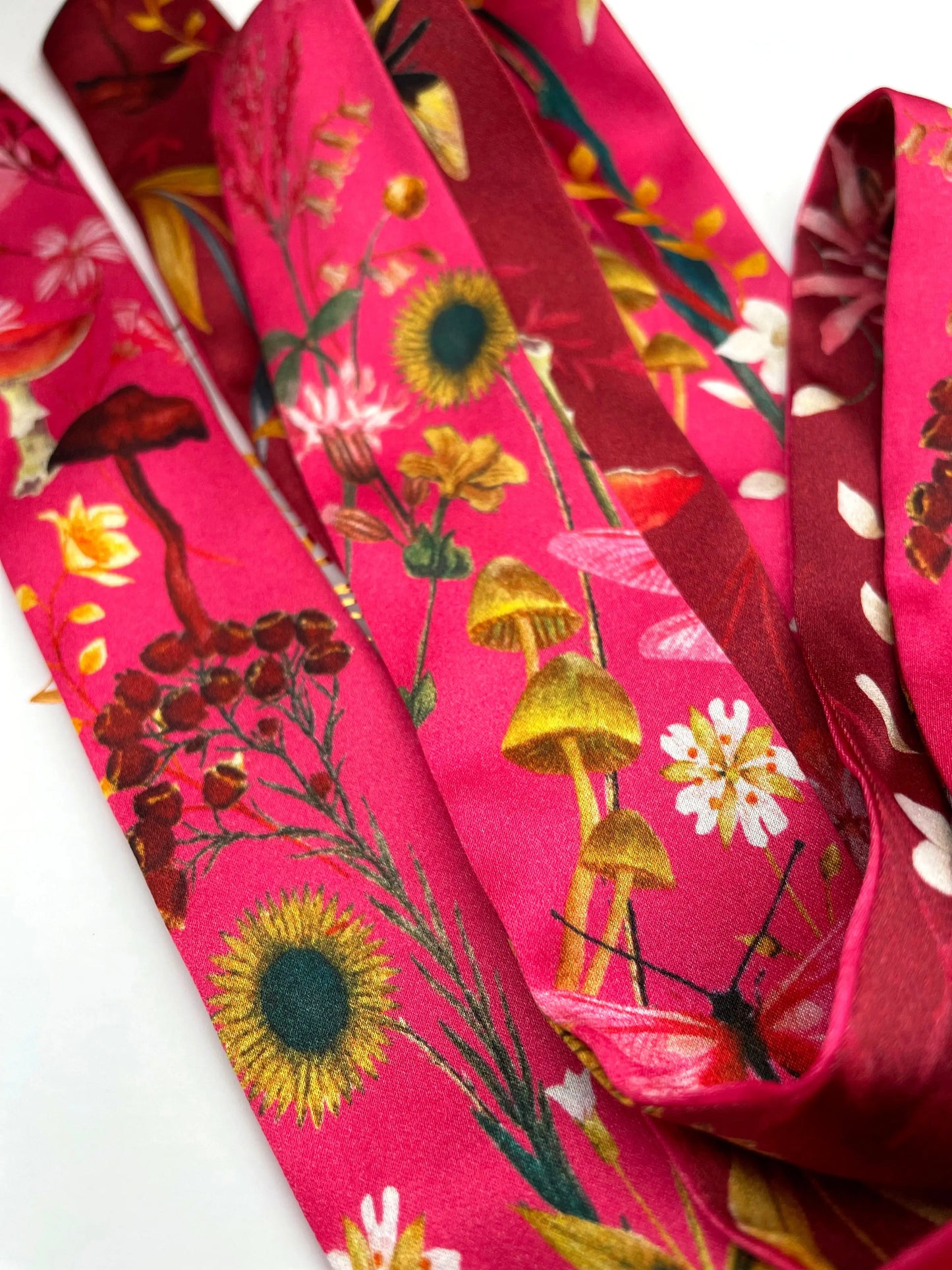 Hot pink Silk satin 'Mirasol' Ultra Skinny silk scarf with sunflowers Alice Acreman Silks