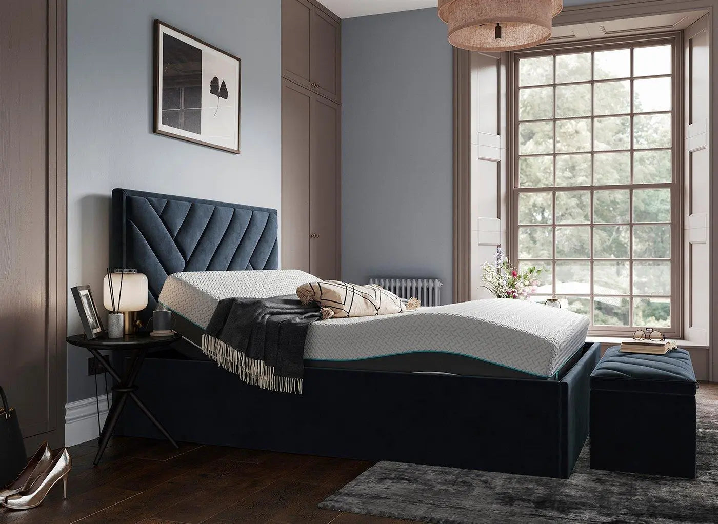House Beautiful Jay Sleepmotion Adjustable Velvet-Finish Bed Frame - Blue Dreams