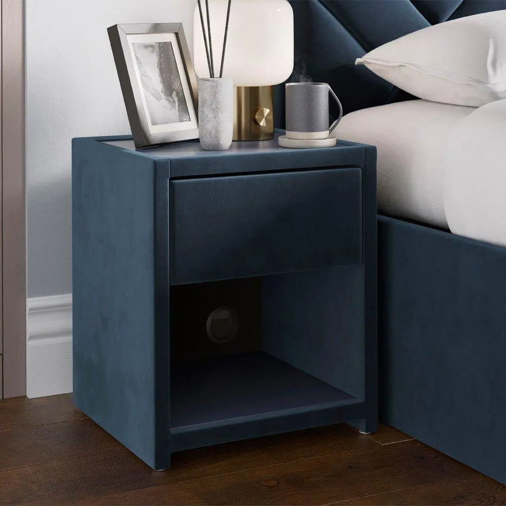 House Beautiful Jay Velvet-Finish USB Charging Bedside Table - Blue Dreams