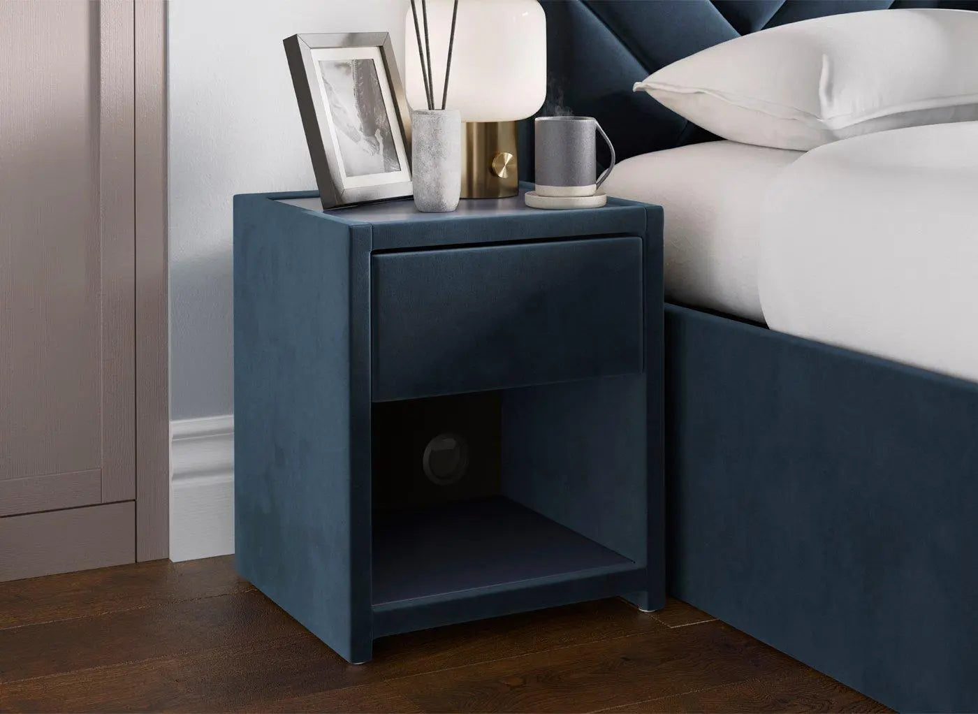 House Beautiful Jay Velvet-Finish USB Charging Bedside Table - Blue Dreams