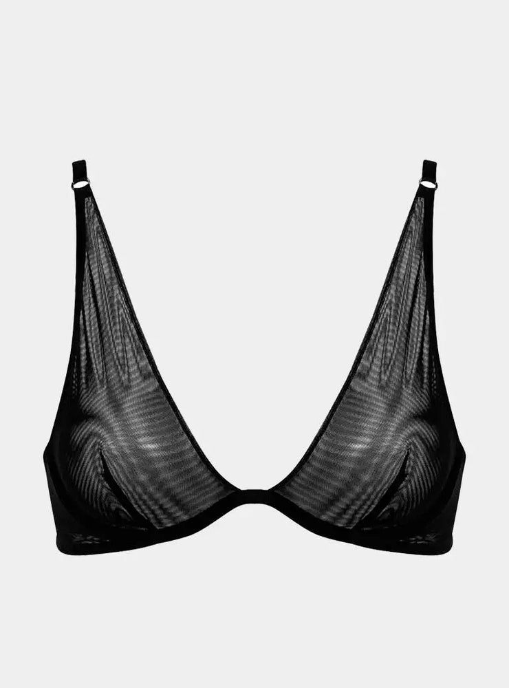 I.D. Line Deep Plunge Underwired Fine Mesh Bra Black NOKAYA