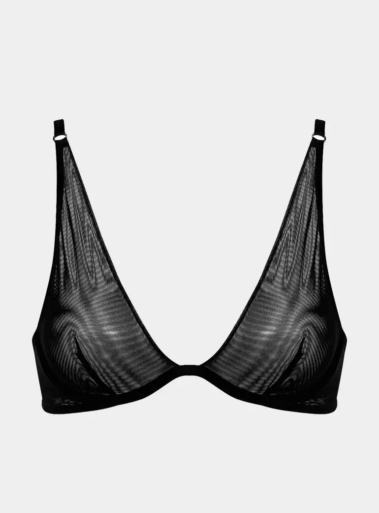 I.D. Line Deep Plunge Underwired Fine Mesh Bra Black NOKAYA