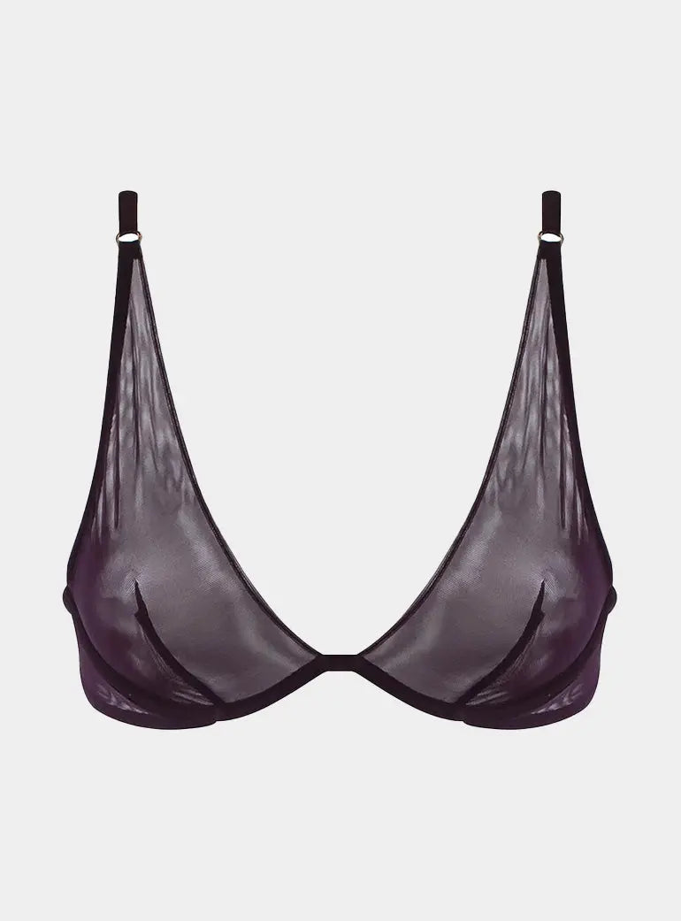 I.D. Line Deep Plunge Underwired Fine Mesh Bra Brown NOKAYA