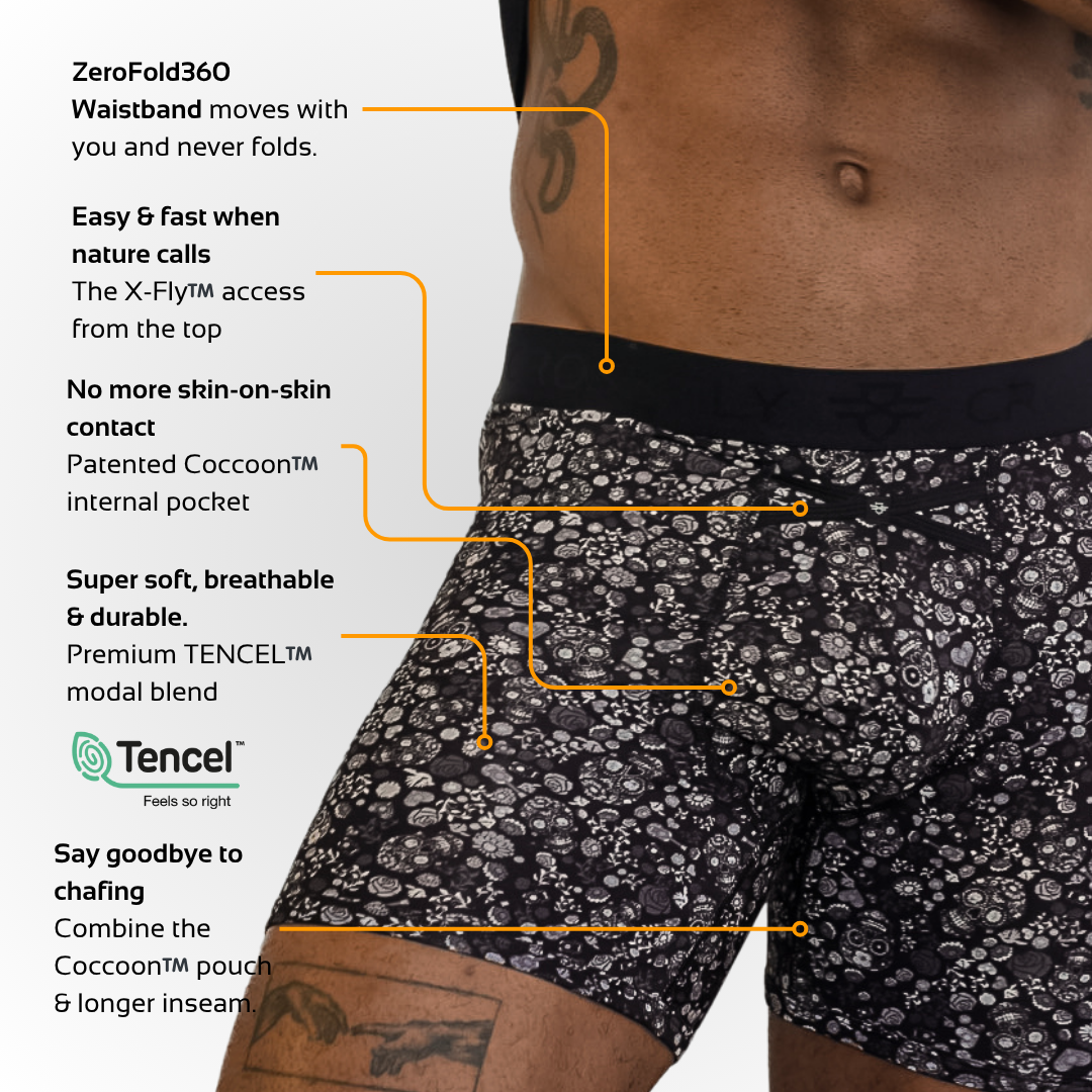 IKON Men's 6" Boxers - Skulls and Heart Black Crossfly