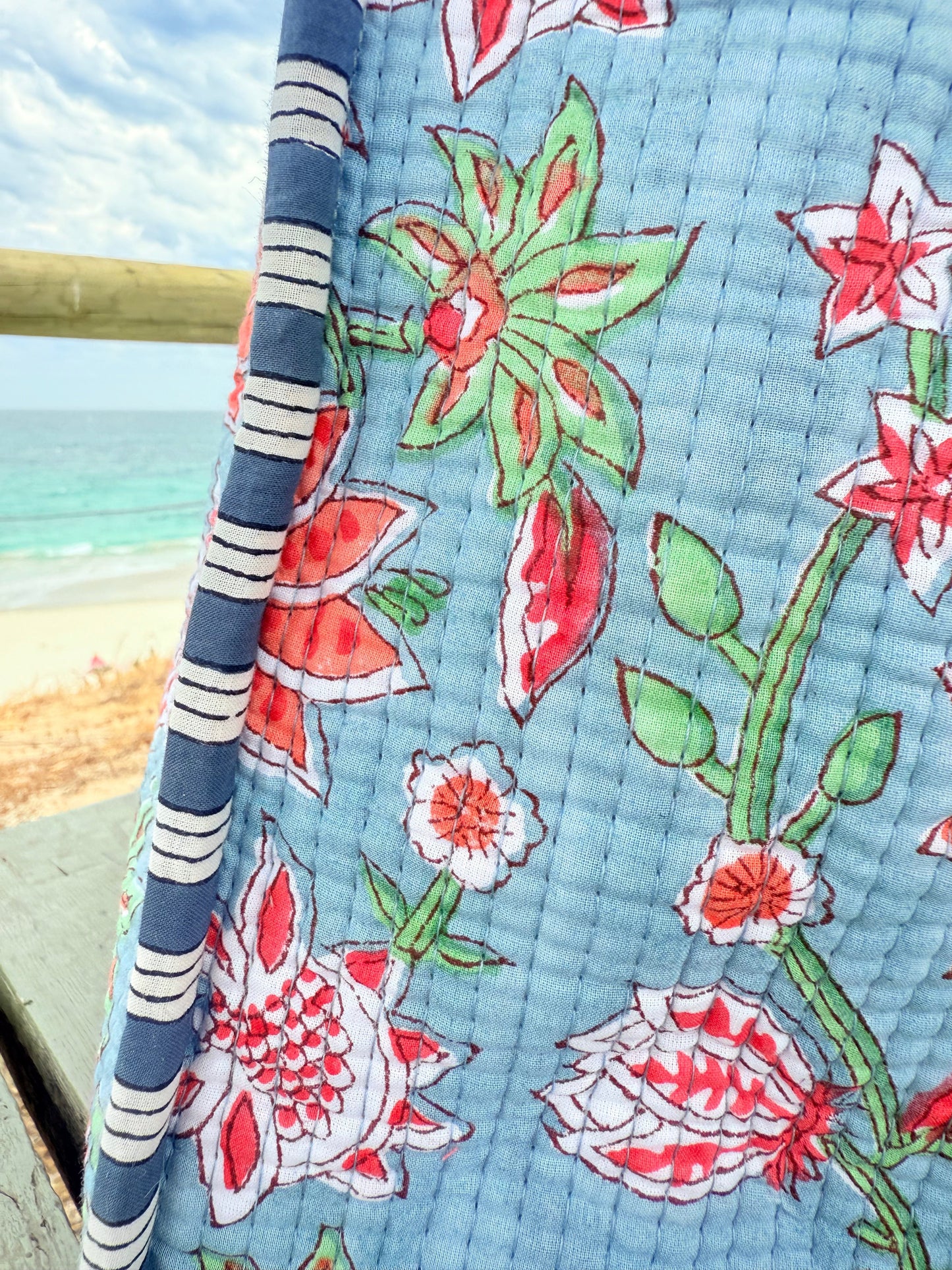 Neel Blue Floral Block Printed tote bag Naree Clothing