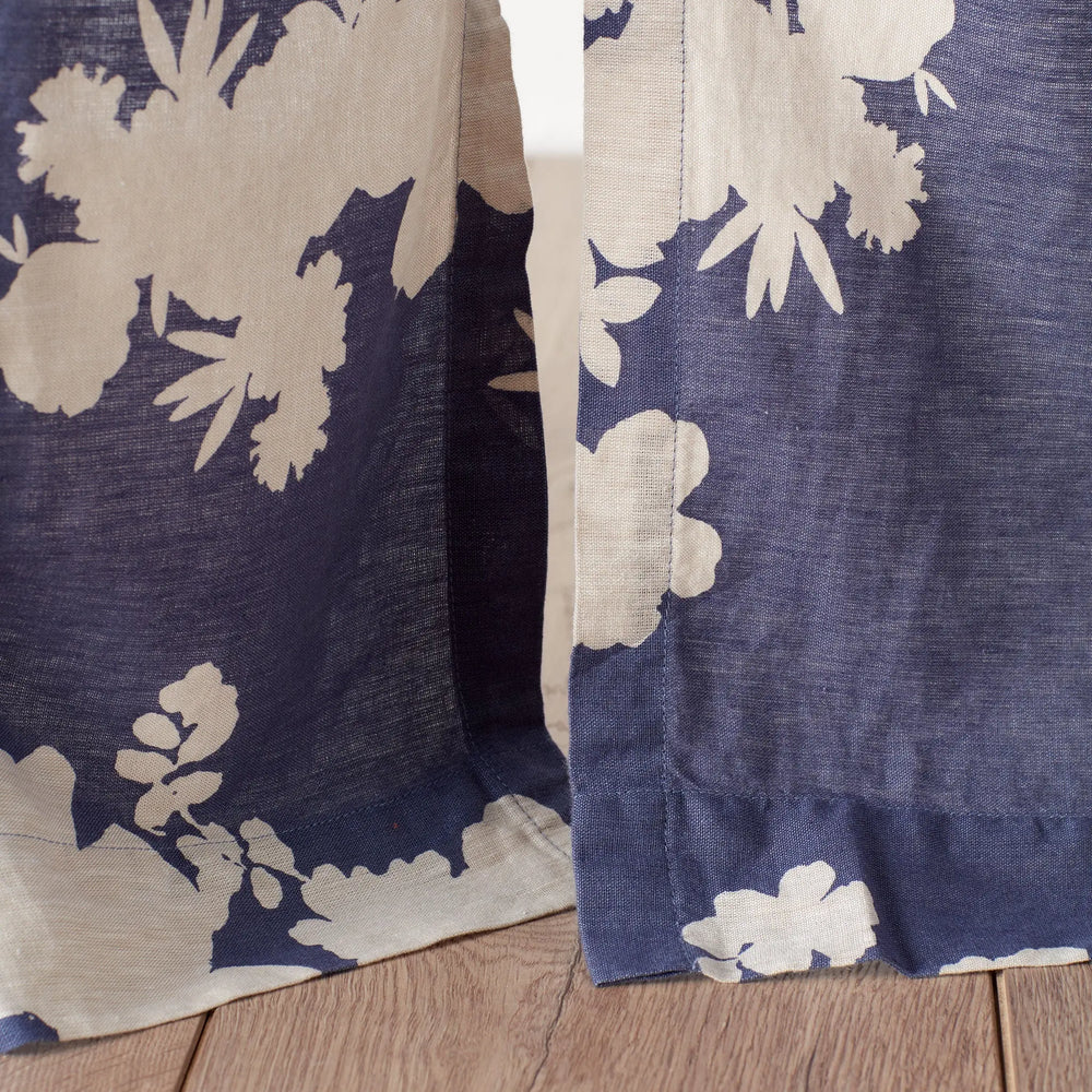 Ink Blue Flower Press Linen Blend Loop Top Curtain (Single) The Secret Linen Store