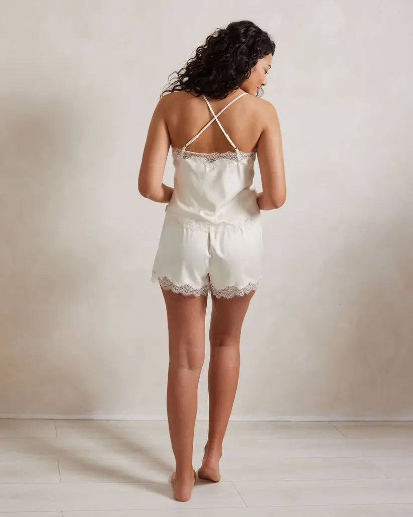 Ivory Women's Satin Lace Trim Cami Short Pyjama Set Chelsea Peers