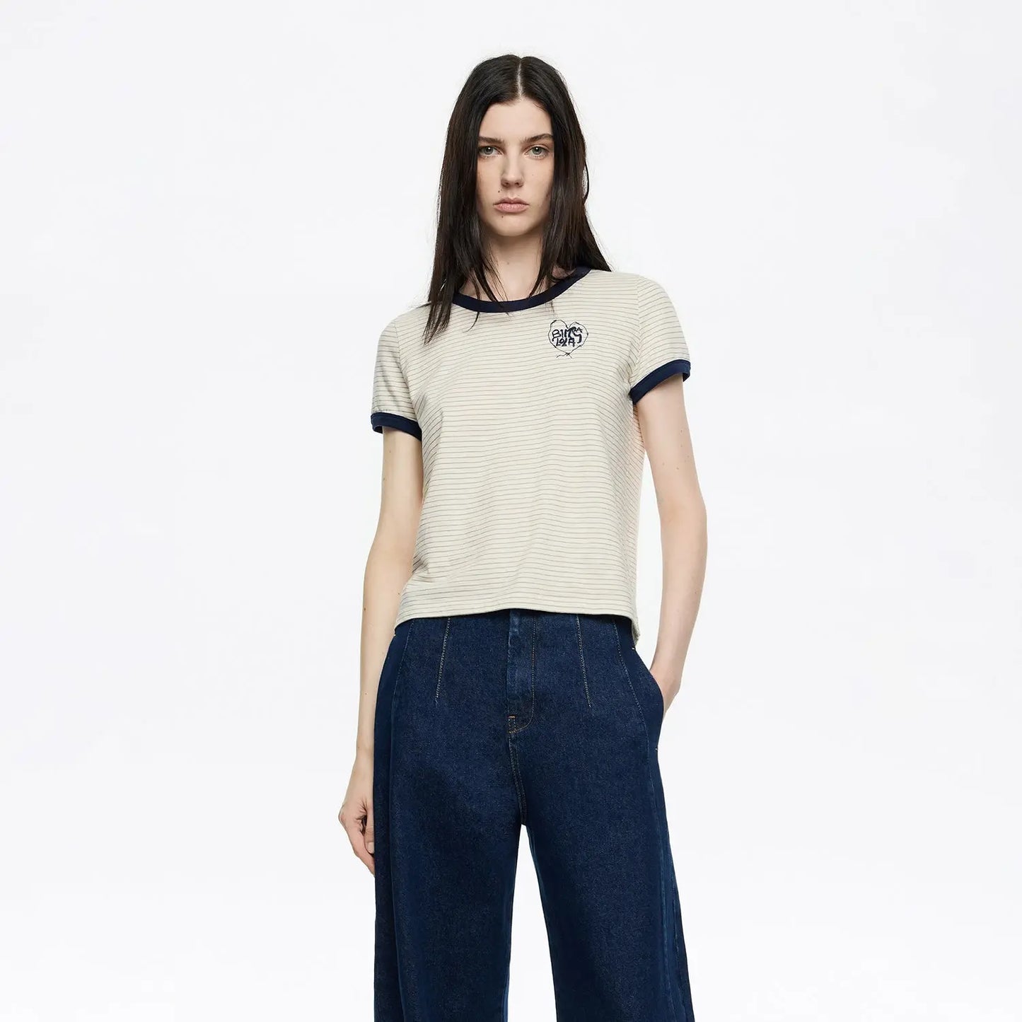 Ivory striped contrast piping T-shirt Bimba y Lola UK