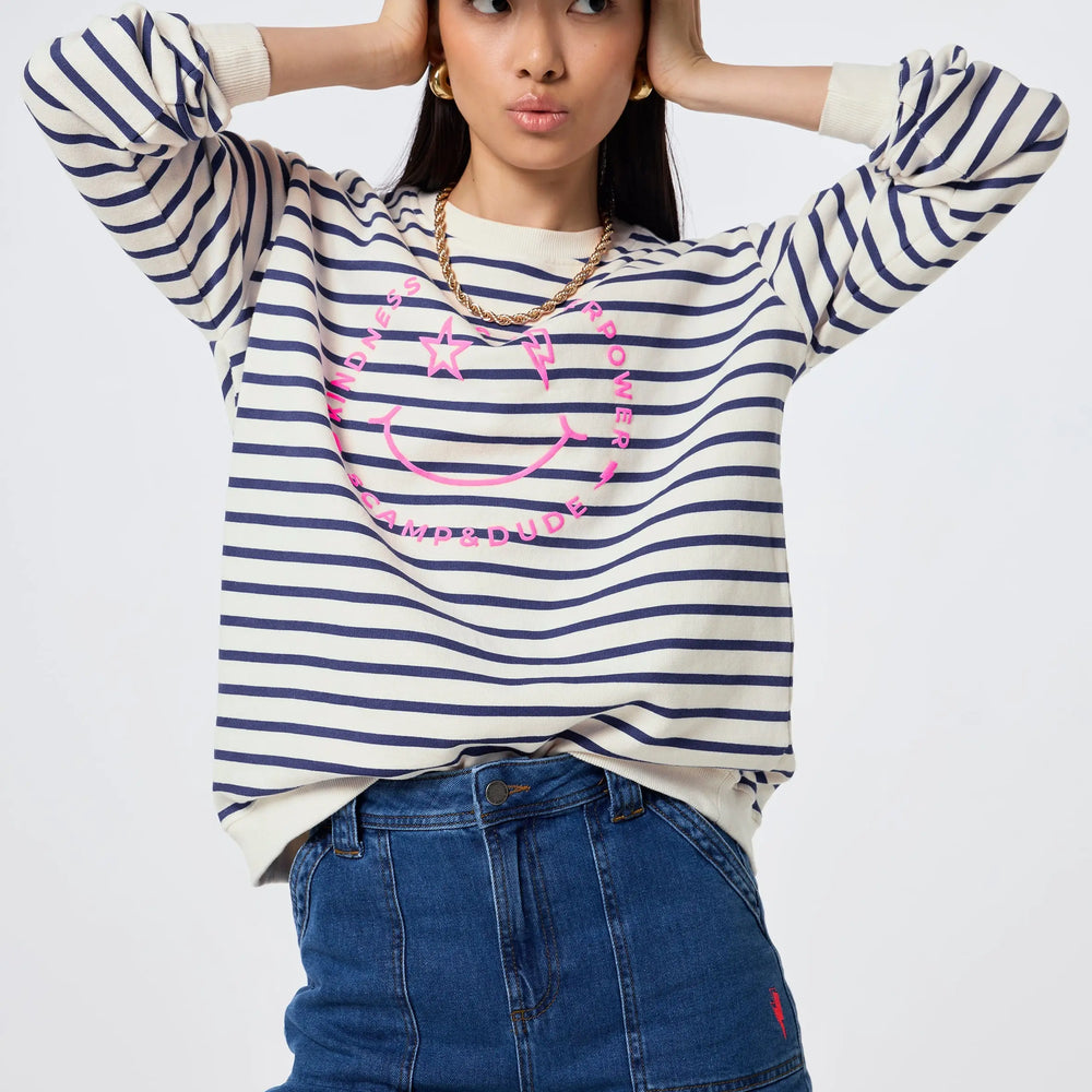 Ivory with Blue Stripe and Smiley Face Oversized Sweatshirt Scamp & Dude