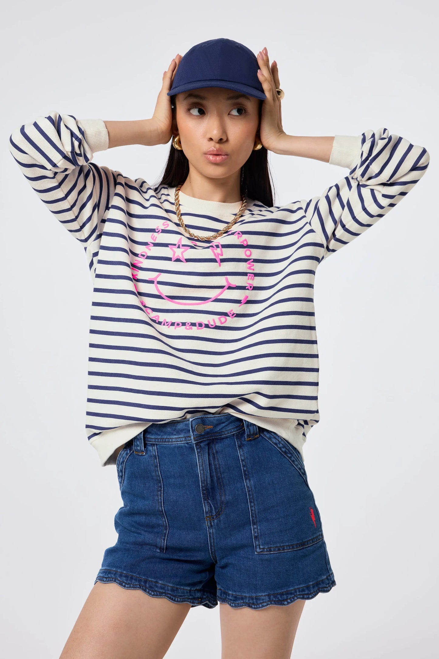 Ivory with Blue Stripe and Smiley Face Oversized Sweatshirt Scamp & Dude